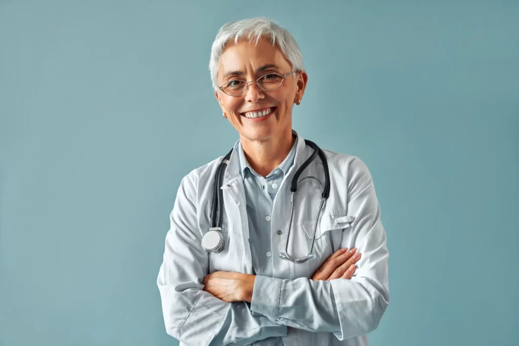 a female employee of a medical clinic poses on a b utc
